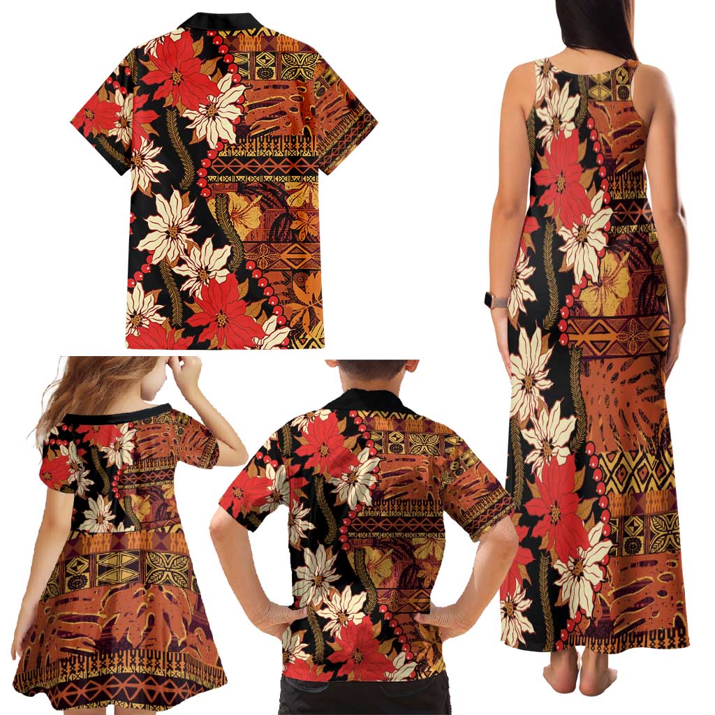 Hawaii Christmas Poinsettia Lei Family Matching Tank Maxi Dress and Hawaiian Shirt Tapa Pattern - Polynesian Pride