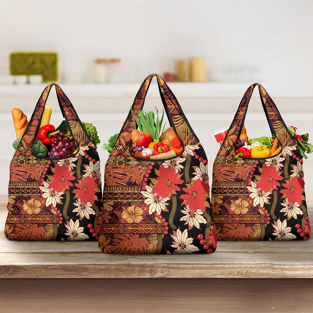 Hawaii Christmas Poinsettia Lei Grocery Bag Tapa Pattern - Polynesian Pride