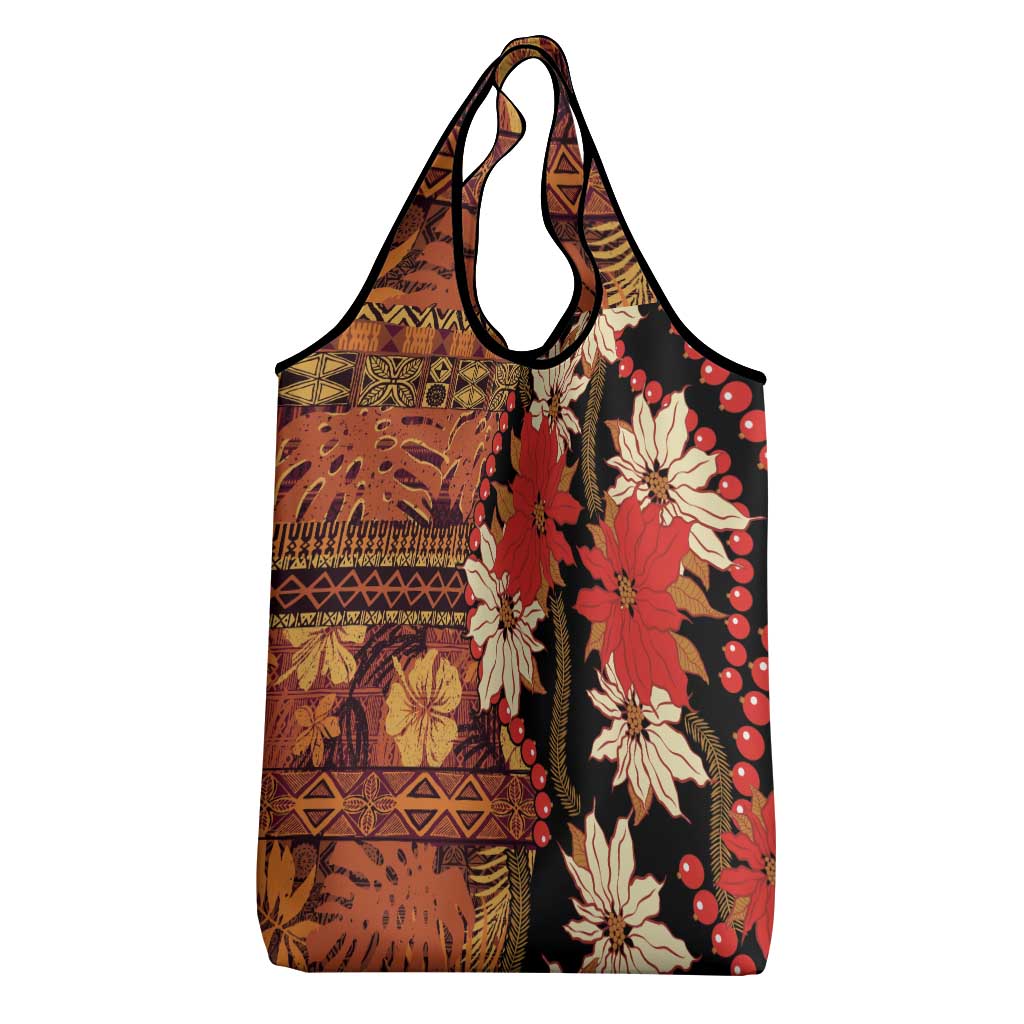 Hawaii Christmas Poinsettia Lei Grocery Bag Tapa Pattern - Polynesian Pride
