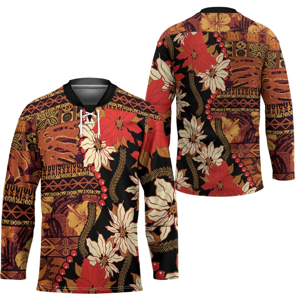Hawaii Christmas Poinsettia Lei Hockey Jersey Tapa Pattern - Polynesian Pride