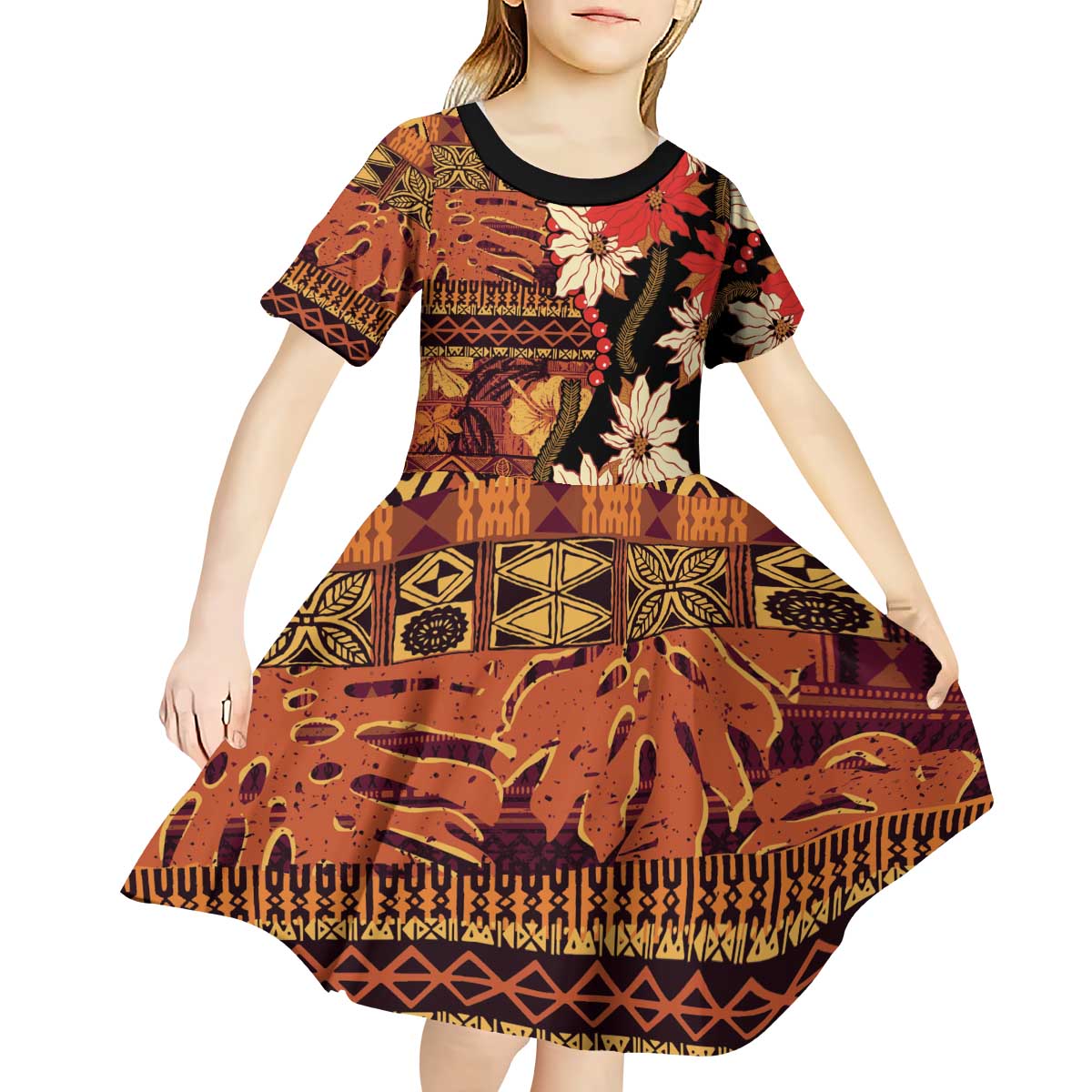 Hawaii Christmas Poinsettia Lei Kid Short Sleeve Dress Tapa Pattern - Polynesian Pride
