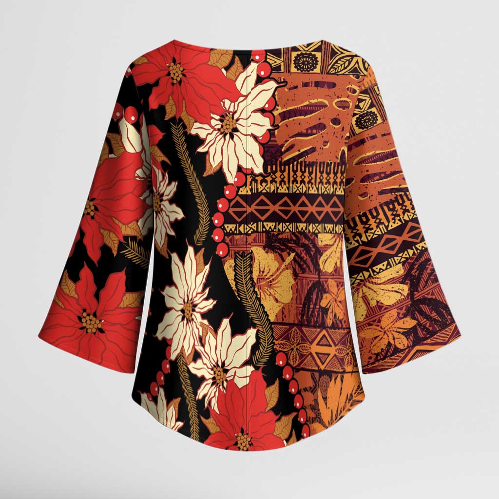 Hawaii Christmas Poinsettia Lei Kimono Sleeve Blouse Tapa Pattern - Polynesian Pride