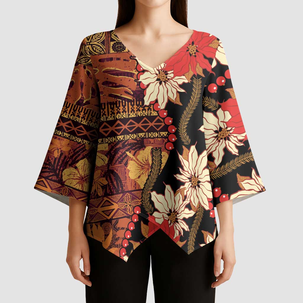 Hawaii Christmas Poinsettia Lei Kimono Sleeve Blouse Tapa Pattern - Polynesian Pride