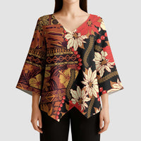 Hawaii Christmas Poinsettia Lei Kimono Sleeve Blouse Tapa Pattern - Polynesian Pride