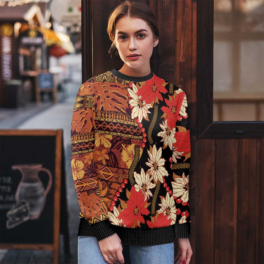 Hawaii Christmas Poinsettia Lei Ugly Christmas Sweater Tapa Pattern - Polynesian Pride