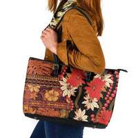 Hawaii Christmas Poinsettia Lei Leather Tote Bag Tapa Pattern - Polynesian Pride