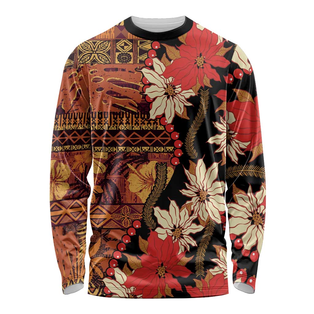 Hawaii Christmas Poinsettia Lei Long Sleeve Shirt Tapa Pattern - Polynesian Pride