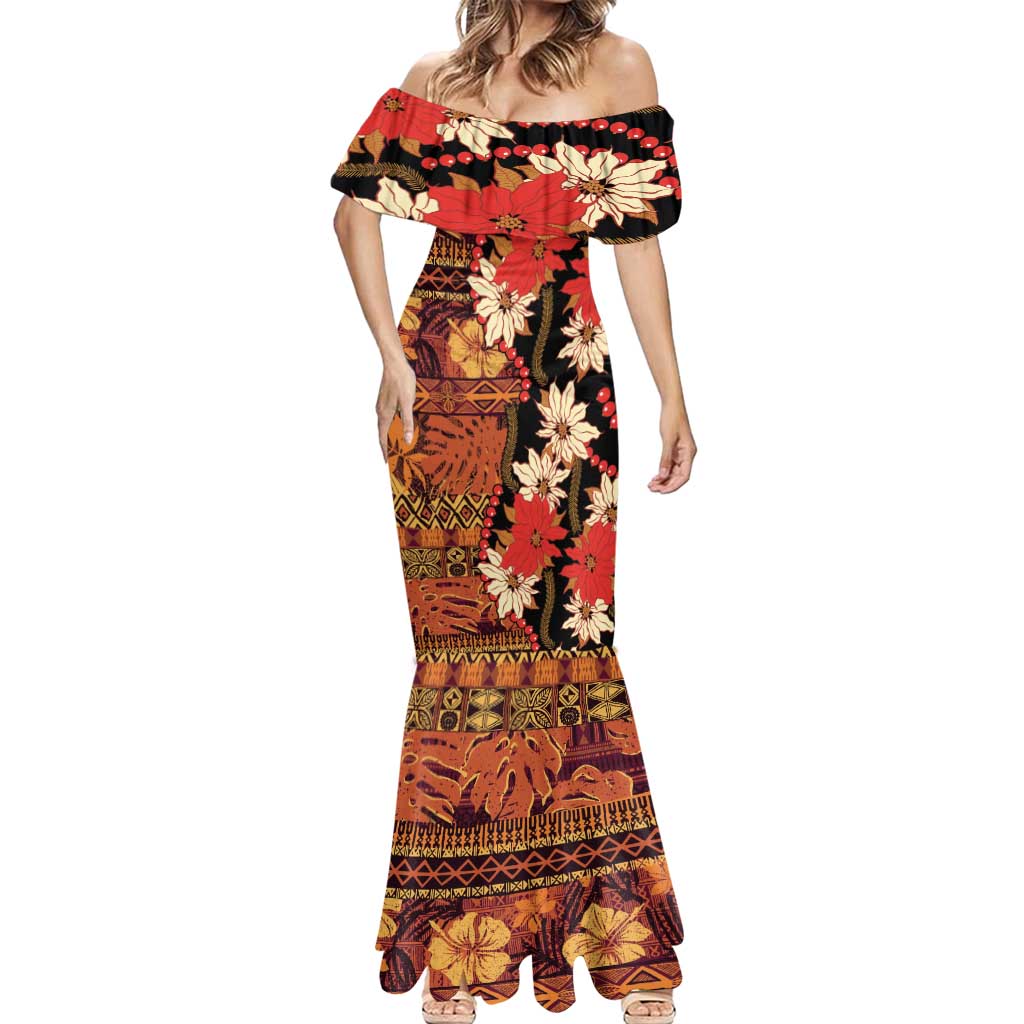 Hawaii Christmas Poinsettia Lei Mermaid Dress Tapa Pattern - Polynesian Pride