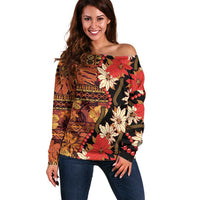 Hawaii Christmas Poinsettia Lei Off Shoulder Sweater Tapa Pattern - Polynesian Pride