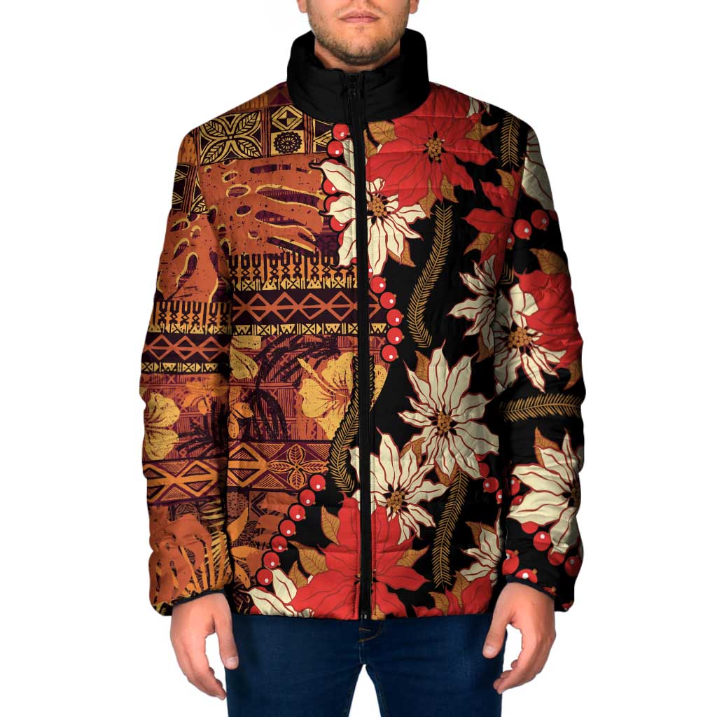 Hawaii Christmas Poinsettia Lei Padded Jacket Tapa Pattern - Polynesian Pride
