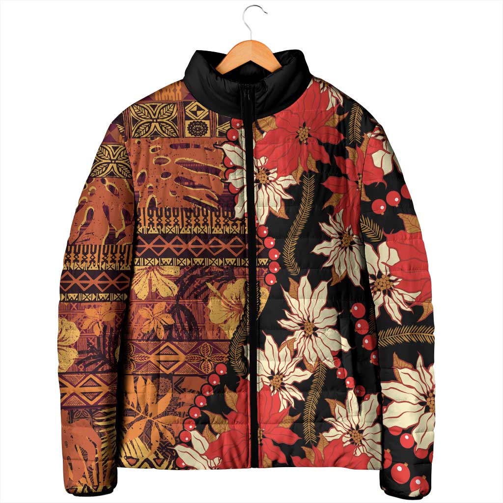 Hawaii Christmas Poinsettia Lei Padded Jacket Tapa Pattern - Polynesian Pride