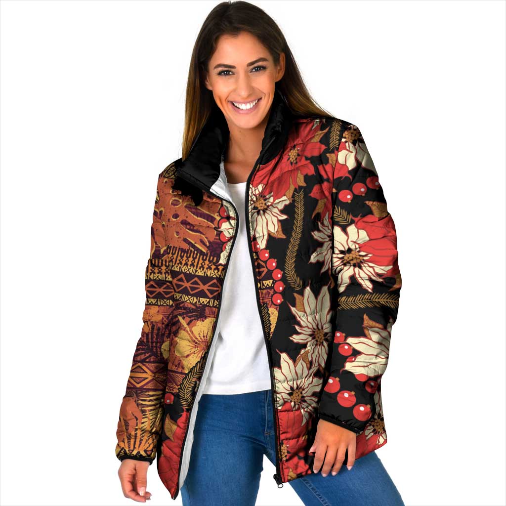 Hawaii Christmas Poinsettia Lei Padded Jacket Tapa Pattern - Polynesian Pride