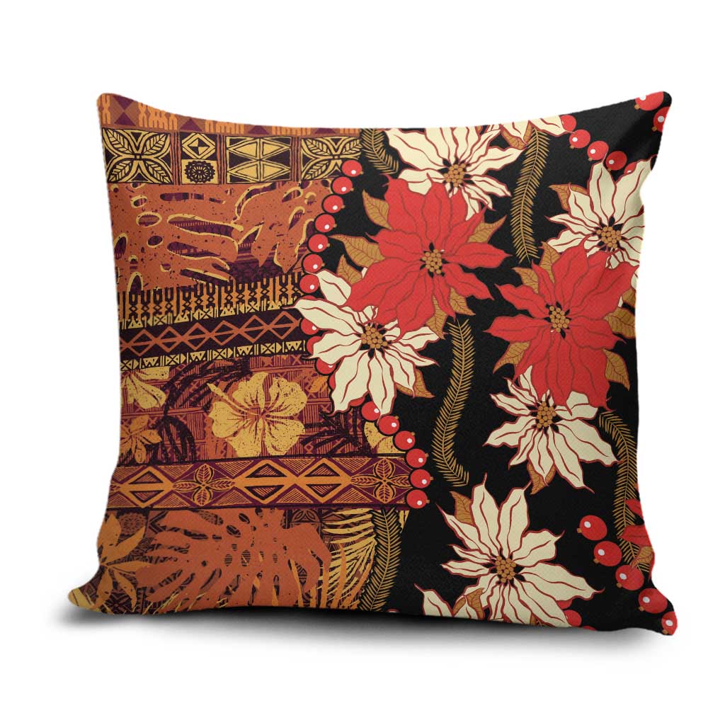 Hawaii Christmas Poinsettia Lei Pillow Cover Tapa Pattern - Polynesian Pride