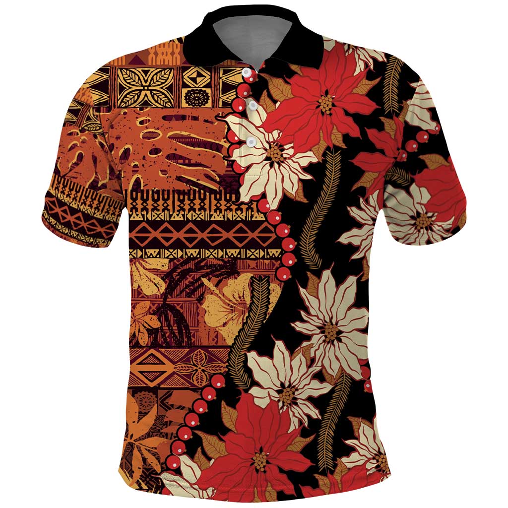 Hawaii Christmas Poinsettia Lei Polo Shirt Tapa Pattern - Polynesian Pride