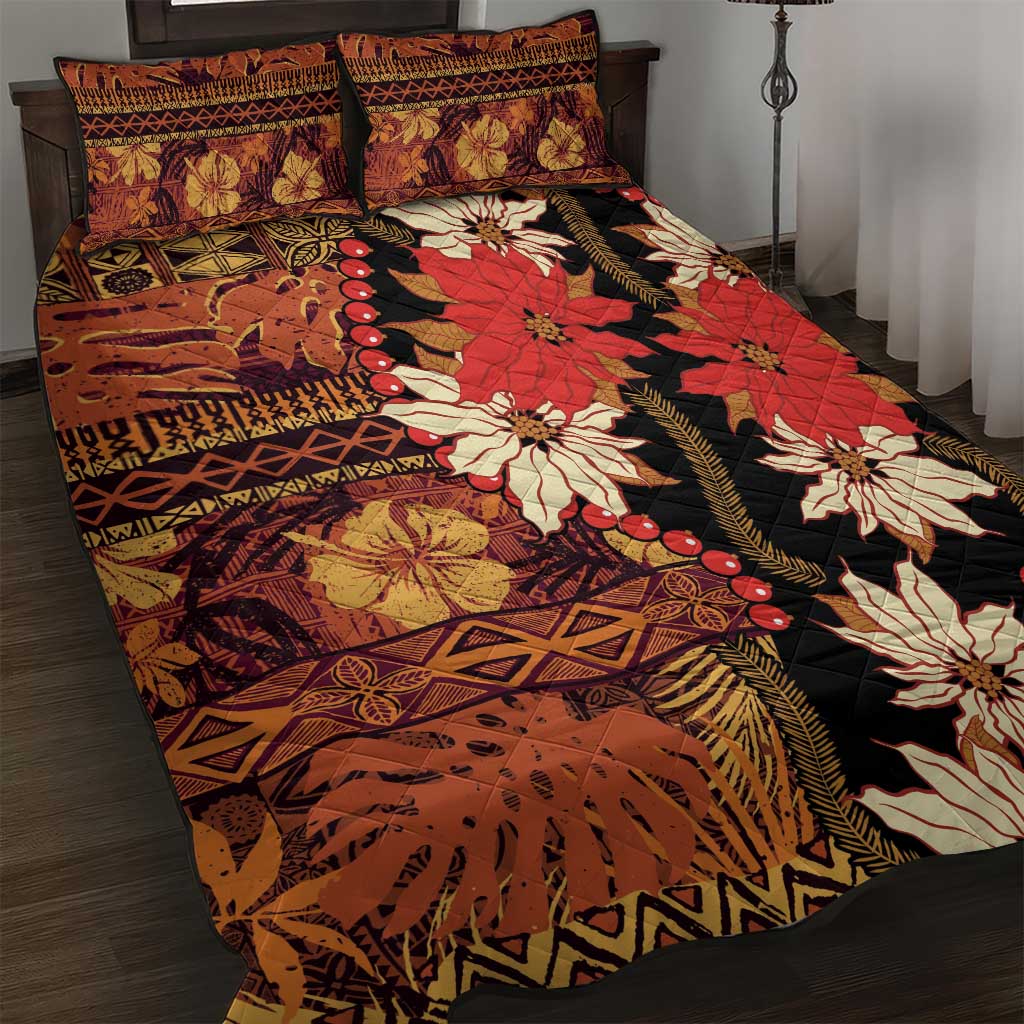 Hawaii Christmas Poinsettia Lei Quilt Bed Set Tapa Pattern - Polynesian Pride
