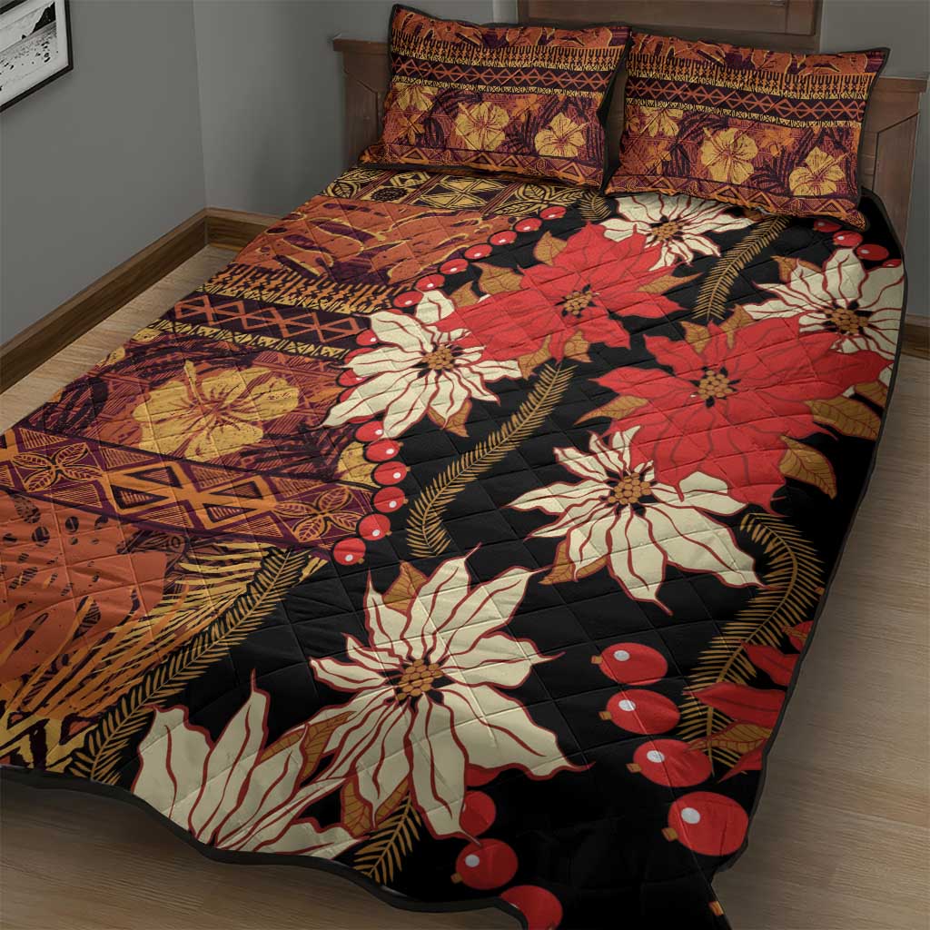 Hawaii Christmas Poinsettia Lei Quilt Bed Set Tapa Pattern - Polynesian Pride