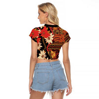 Hawaii Christmas Poinsettia Lei Raglan Cropped T Shirt Tapa Pattern - Polynesian Pride