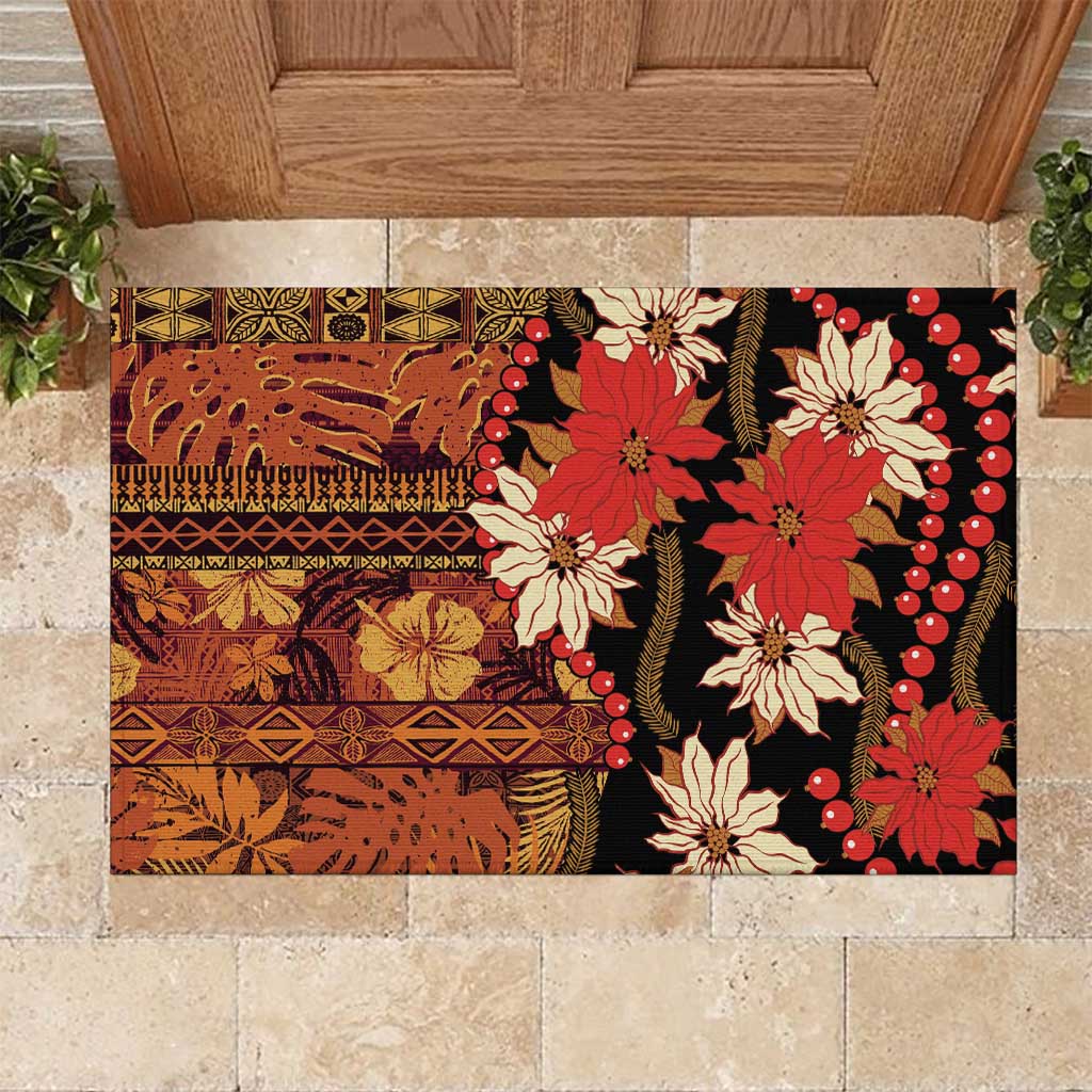Hawaii Christmas Poinsettia Lei Rubber Doormat Tapa Pattern - Polynesian Pride