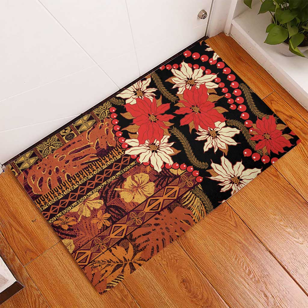Hawaii Christmas Poinsettia Lei Rubber Doormat Tapa Pattern - Polynesian Pride