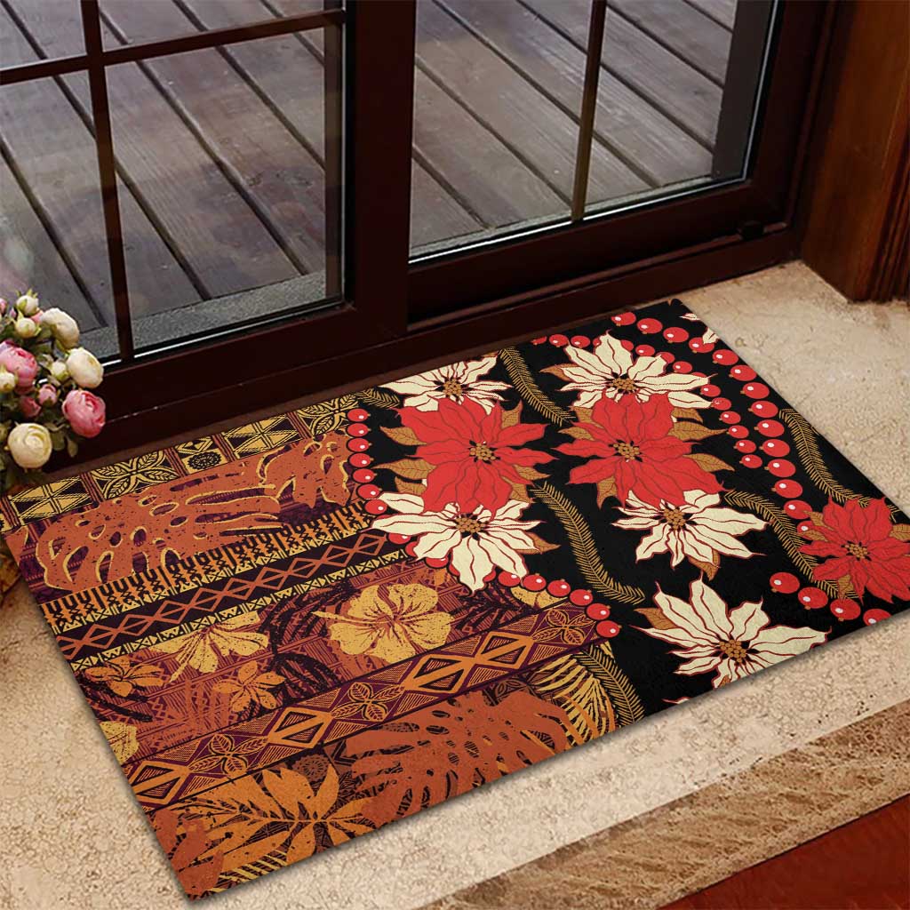 Hawaii Christmas Poinsettia Lei Rubber Doormat Tapa Pattern - Polynesian Pride