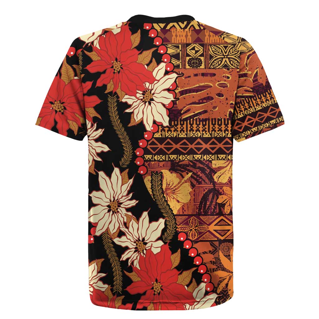 Hawaii Christmas Poinsettia Lei Rugby Jersey Tapa Pattern - Polynesian Pride