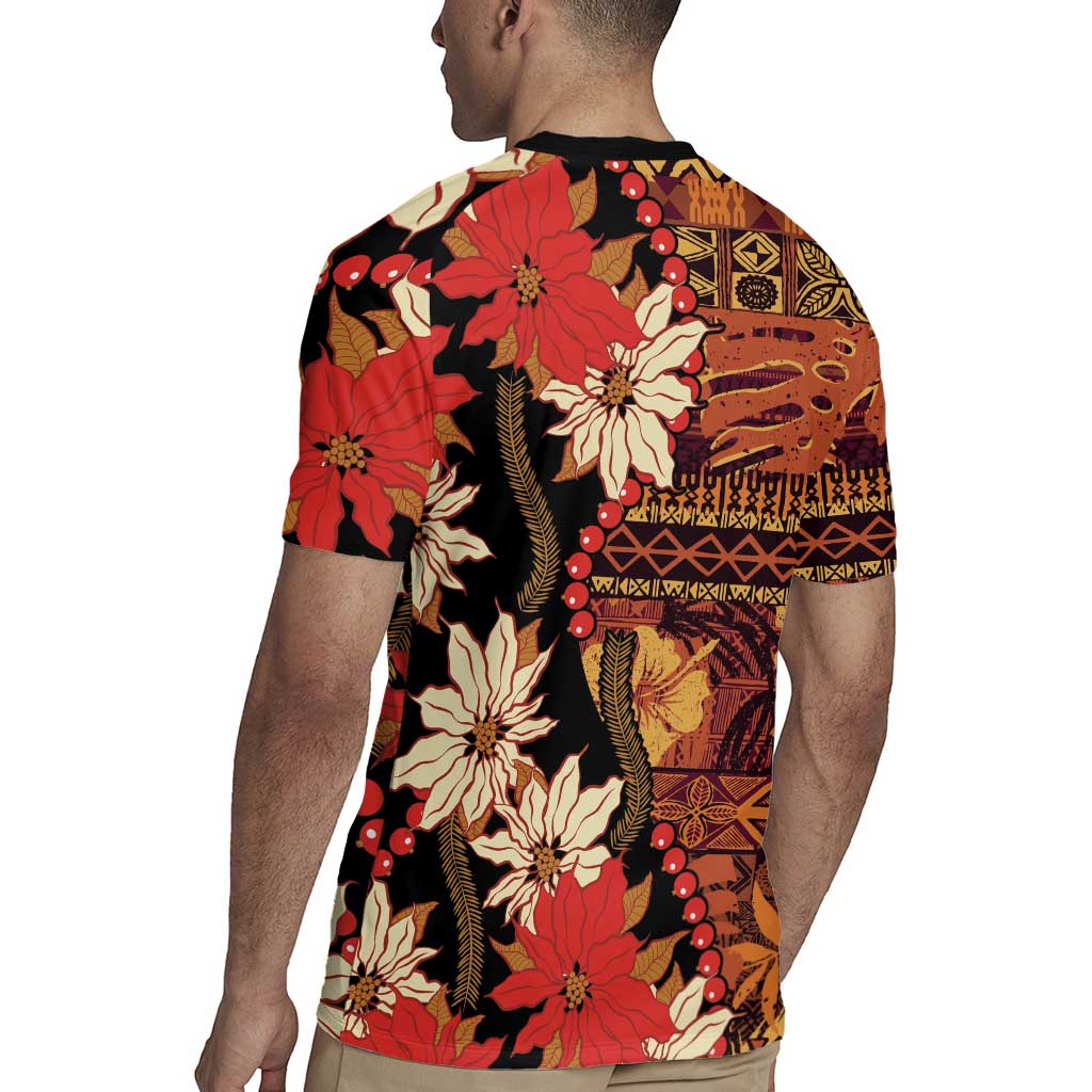 Hawaii Christmas Poinsettia Lei Rugby Jersey Tapa Pattern - Polynesian Pride