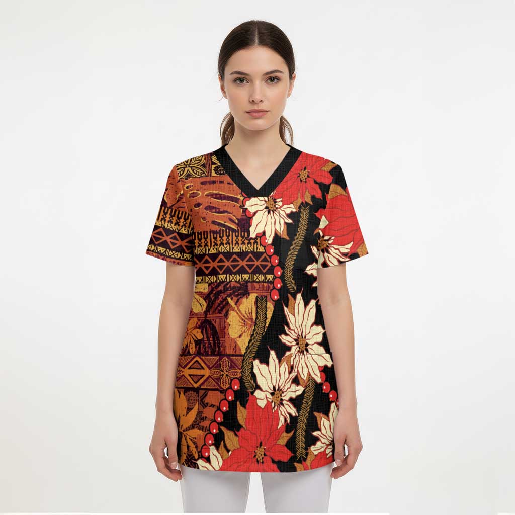 Hawaii Christmas Poinsettia Lei Scrub Top Tapa Pattern - Polynesian Pride