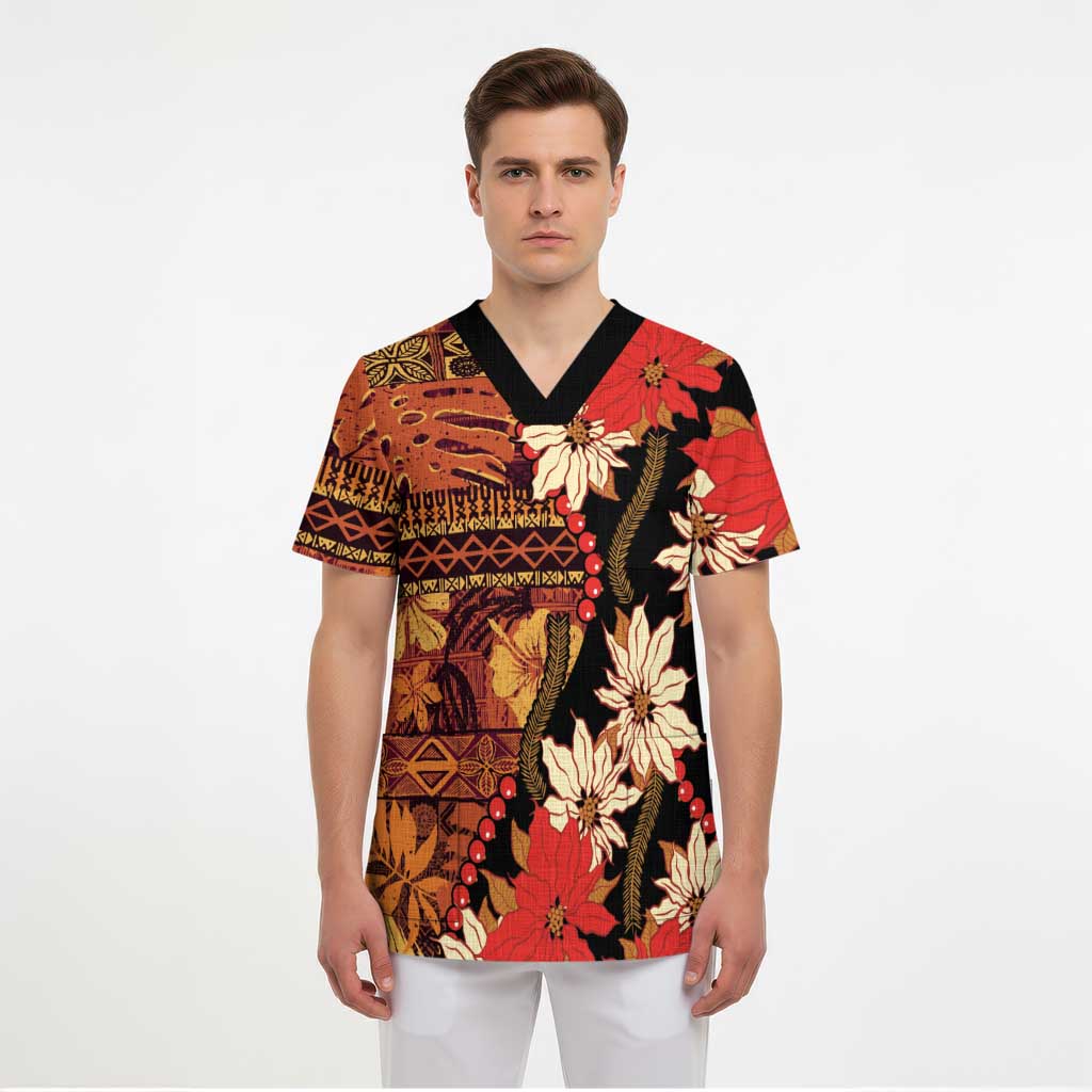 Hawaii Christmas Poinsettia Lei Scrub Top Tapa Pattern - Polynesian Pride