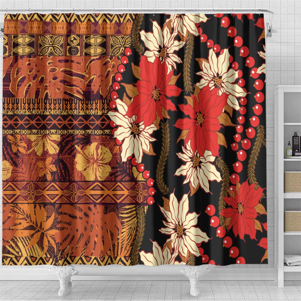 Hawaii Christmas Poinsettia Lei Shower Curtain Tapa Pattern - Polynesian Pride