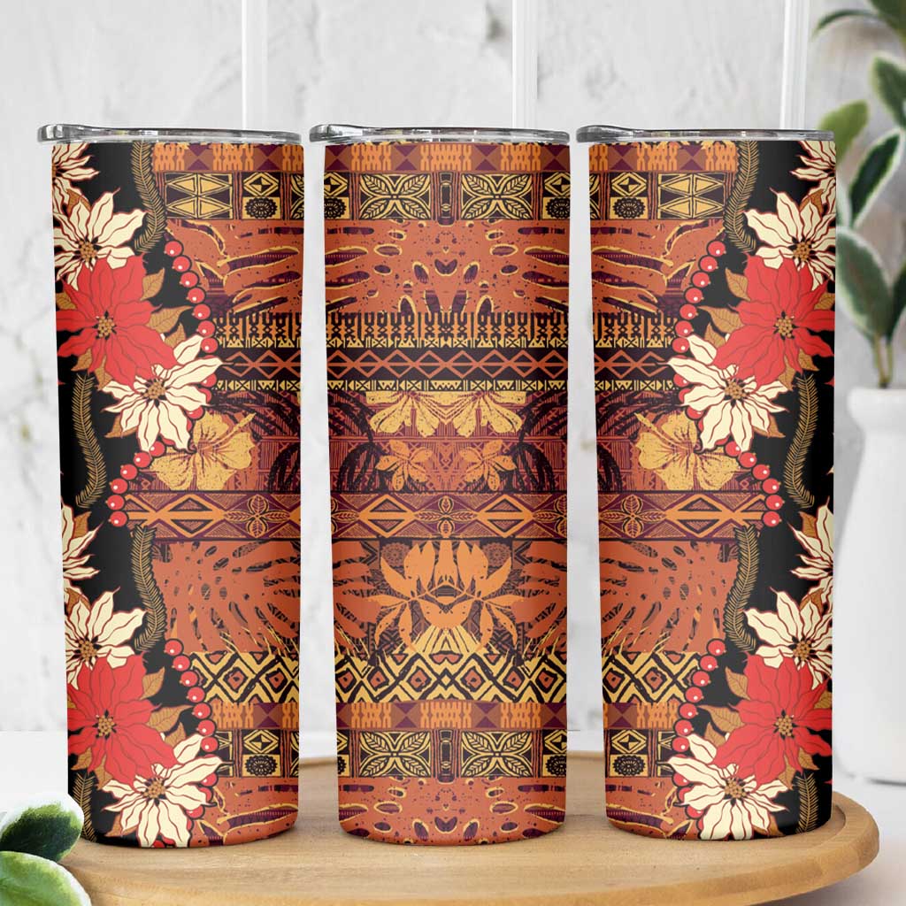 Hawaii Christmas Poinsettia Lei Skinny Tumbler Tapa Pattern - Polynesian Pride