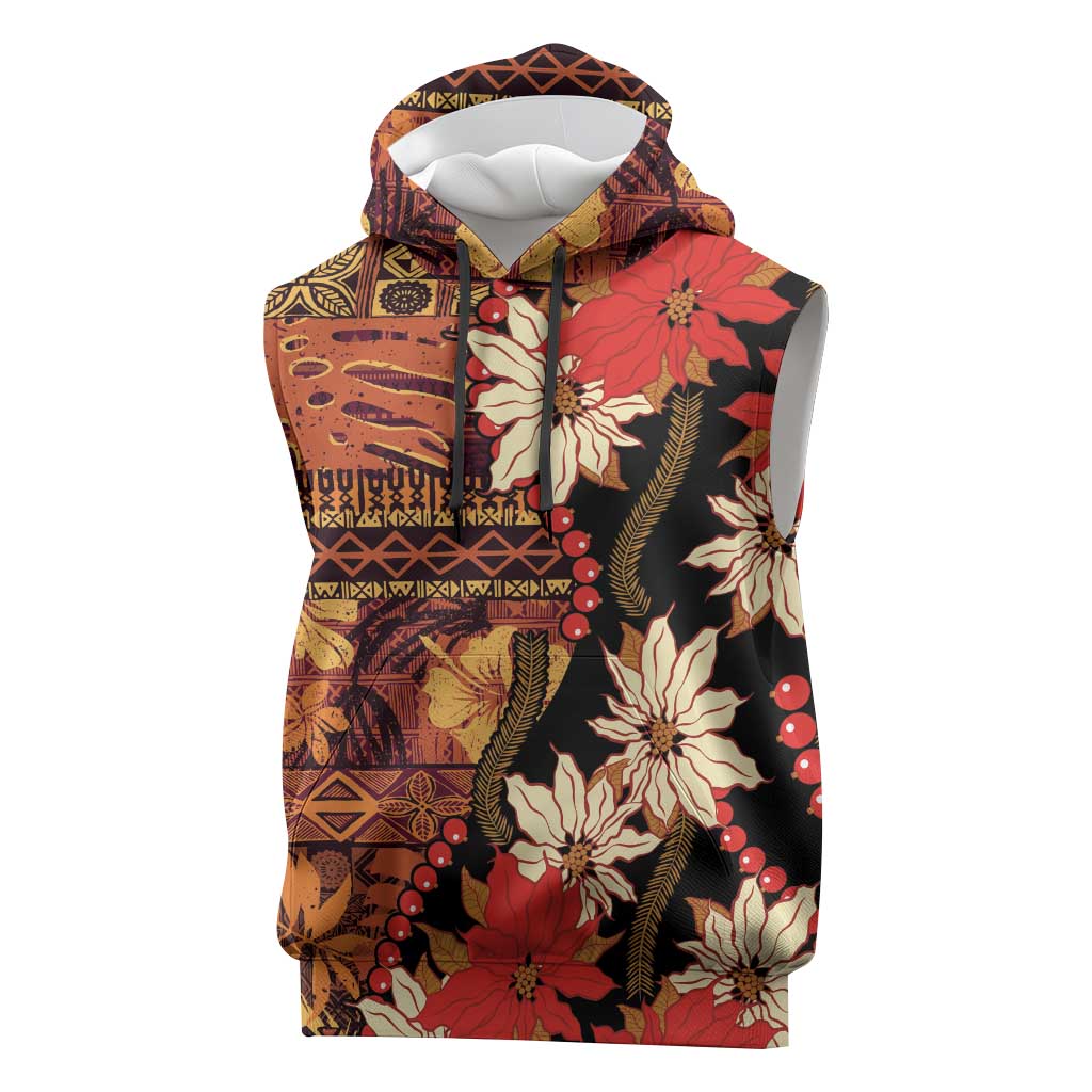 Hawaii Christmas Poinsettia Lei Sleeveless Hoodie Tapa Pattern - Polynesian Pride