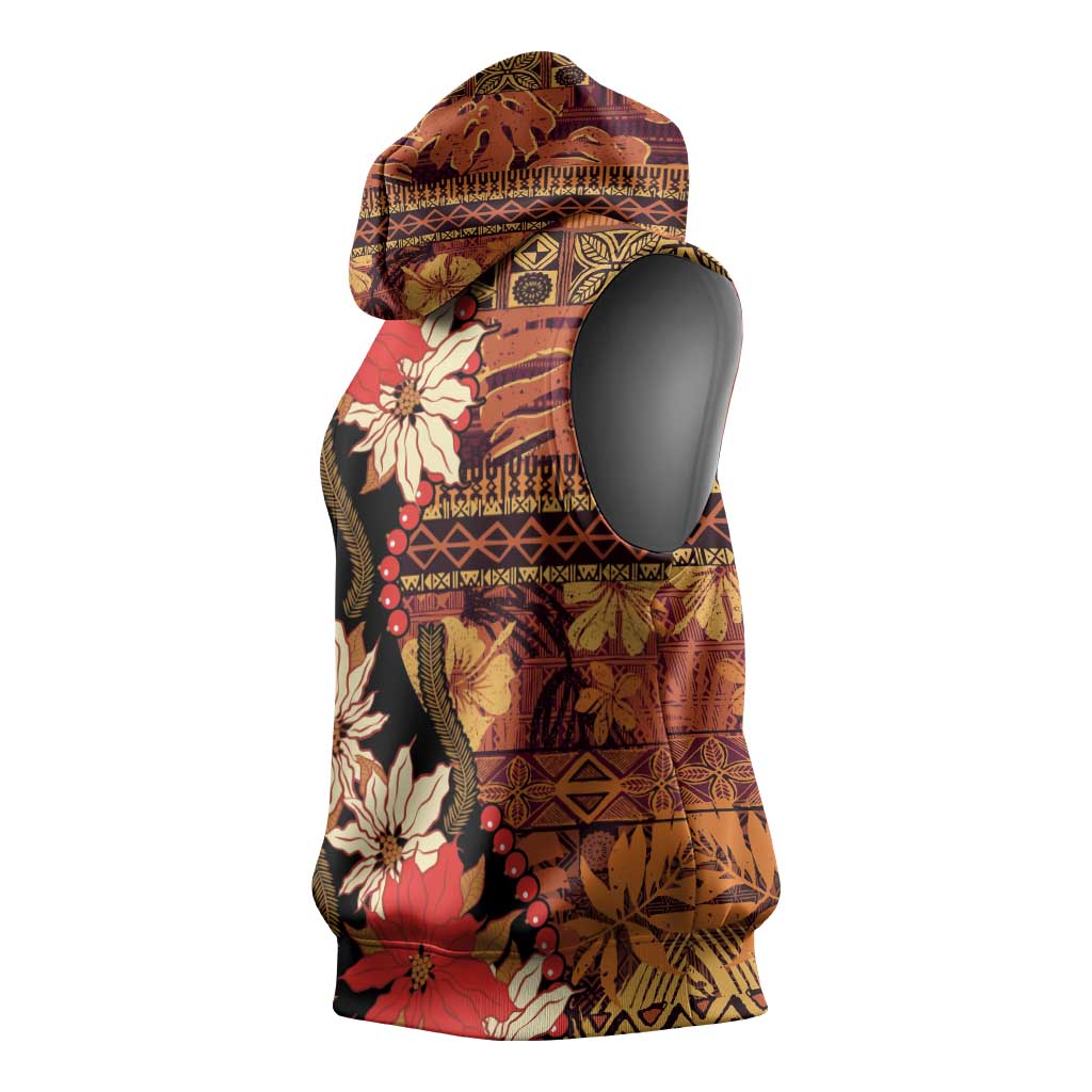 Hawaii Christmas Poinsettia Lei Sleeveless Hoodie Tapa Pattern - Polynesian Pride