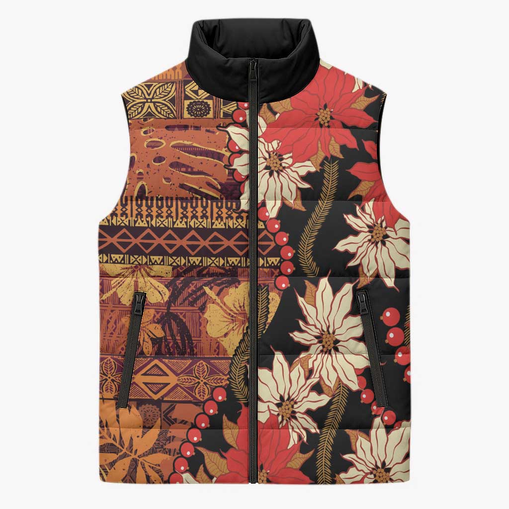 Hawaii Christmas Poinsettia Lei Sleeveless Puffer Jacket Tapa Pattern - Polynesian Pride