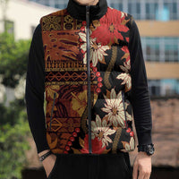 Hawaii Christmas Poinsettia Lei Sleeveless Puffer Jacket Tapa Pattern - Polynesian Pride