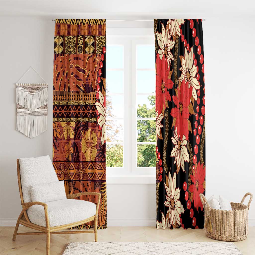 Hawaii Christmas Poinsettia Lei Window Curtain Tapa Pattern - Polynesian Pride