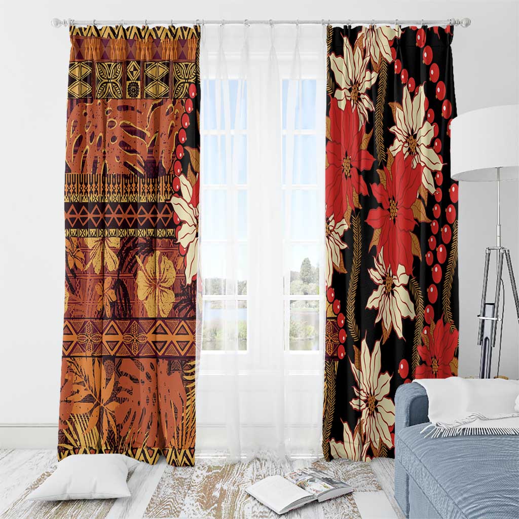 Hawaii Christmas Poinsettia Lei Window Curtain Tapa Pattern - Polynesian Pride