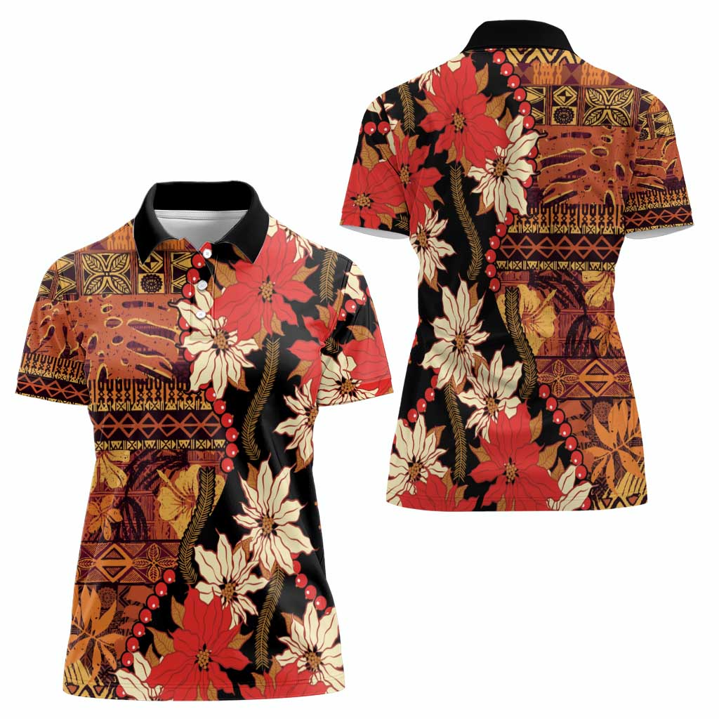Hawaii Christmas Poinsettia Lei Women Polo Shirt Tapa Pattern - Polynesian Pride