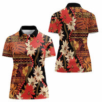 Hawaii Christmas Poinsettia Lei Women Polo Shirt Tapa Pattern - Polynesian Pride