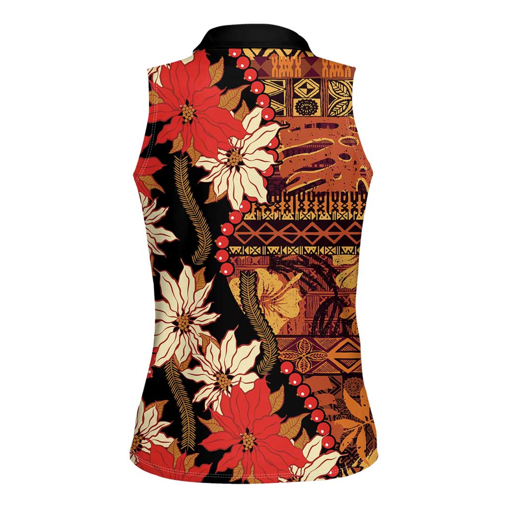 Hawaii Christmas Poinsettia Lei Women Sleeveless Polo Shirt Tapa Pattern - Polynesian Pride