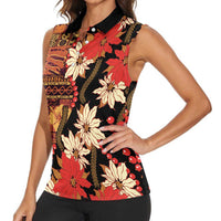 Hawaii Christmas Poinsettia Lei Women Sleeveless Polo Shirt Tapa Pattern - Polynesian Pride