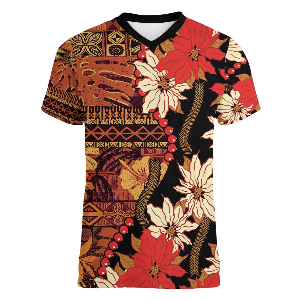 Hawaii Christmas Poinsettia Lei Women V-Neck T-Shirt Tapa Pattern - Polynesian Pride