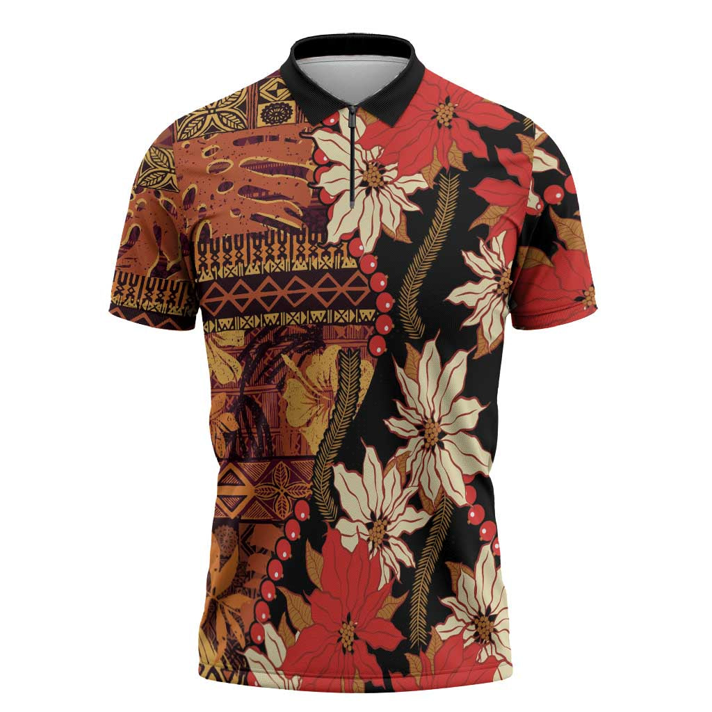Hawaii Christmas Poinsettia Lei Zipper Polo Shirt Tapa Pattern - Polynesian Pride