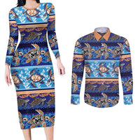 Hawaii Turtles Pattern Special Blue Couples Matching Long Sleeve Bodycon Dress and Long Sleeve Button Shirt - Polynesian Pride