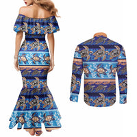 Hawaii Turtles Pattern Special Blue Couples Matching Mermaid Dress and Long Sleeve Button Shirt - Polynesian Pride