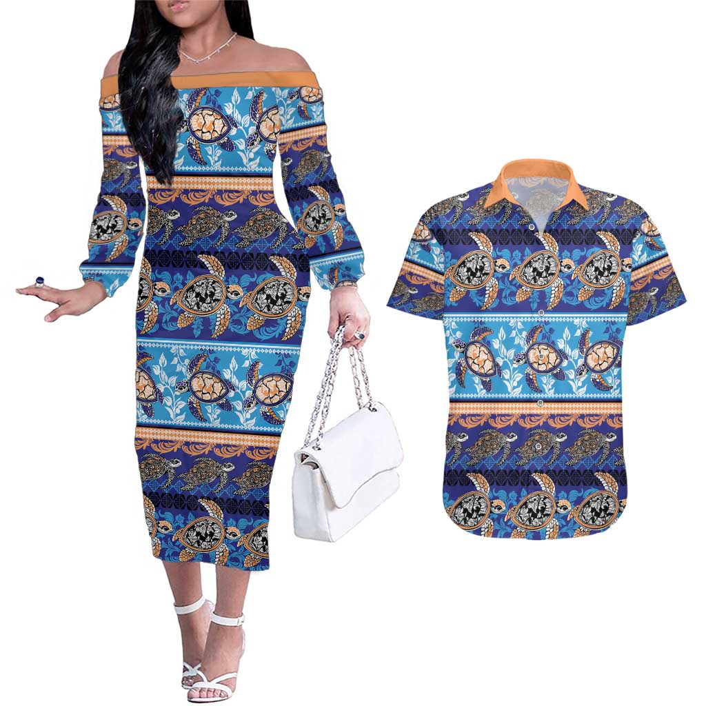 Hawaii Turtles Pattern Special Blue Couples Matching Off The Shoulder Long Sleeve Dress and Hawaiian Shirt - Polynesian Pride
