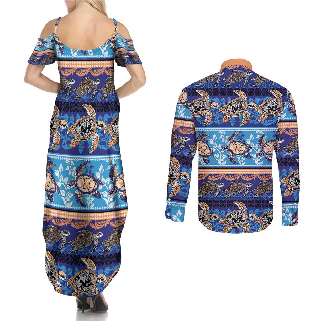 Hawaii Turtles Pattern Special Blue Couples Matching Summer Maxi Dress and Long Sleeve Button Shirt - Polynesian Pride