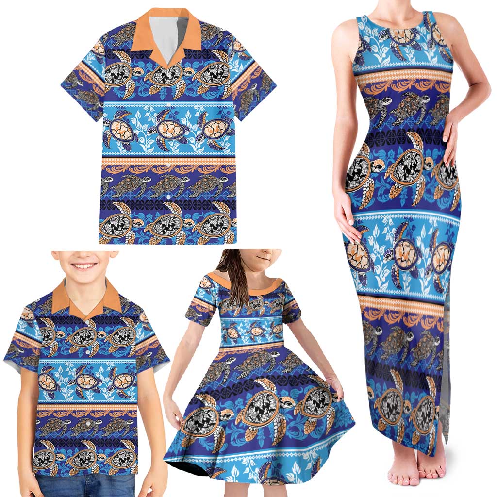 Hawaii Turtles Pattern Special Blue Family Matching Tank Maxi Dress and Hawaiian Shirt - Polynesian Pride
