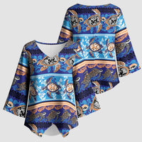 Hawaii Turtles Pattern Special Blue Kimono Sleeve Blouse - Polynesian Pride