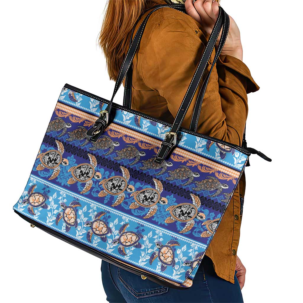 Hawaii Turtles Pattern Special Blue Leather Tote Bag LT01 - Polynesian Pride