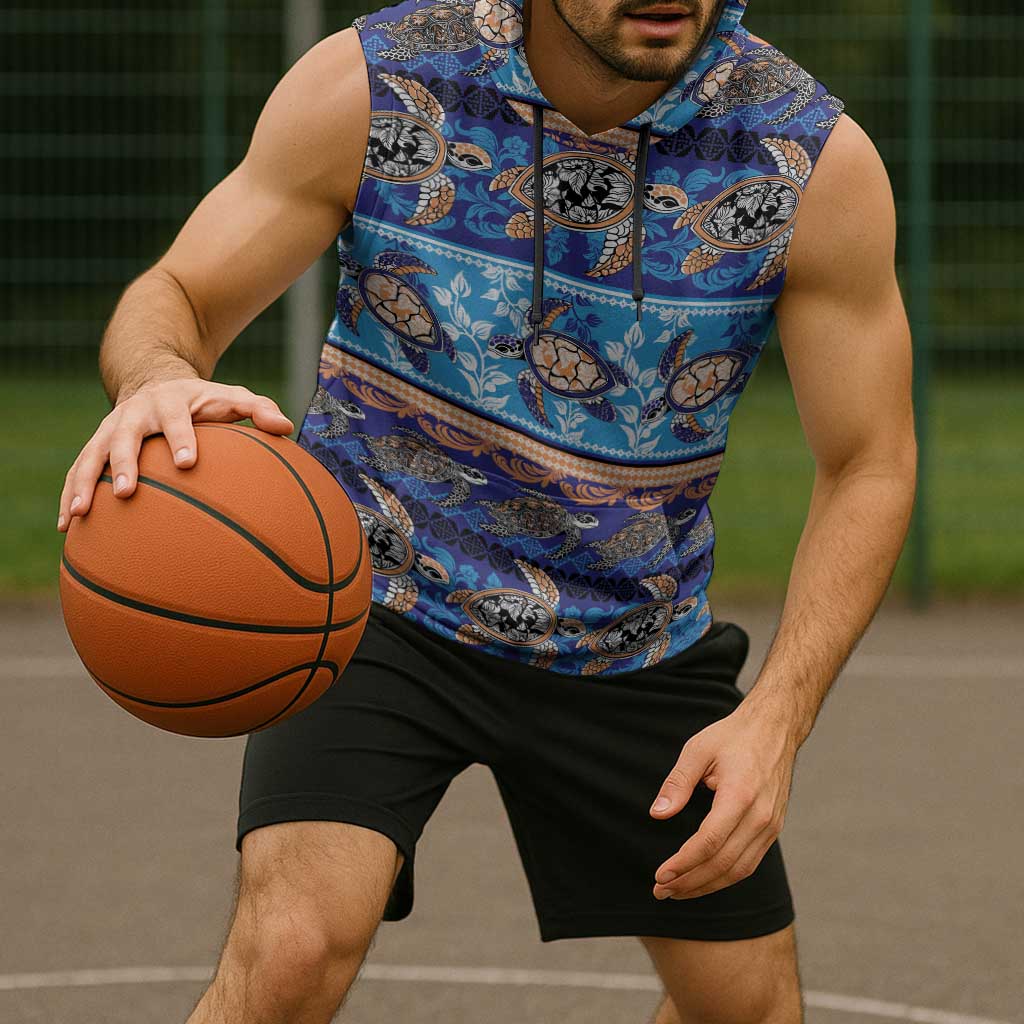 Hawaii Turtles Pattern Special Blue Sleeveless Hoodie - Polynesian Pride